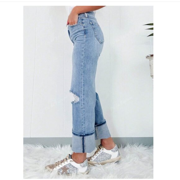 Shein Distressed Denim Crisscross Jean Size 6(M) Cuffed Hem - Picture 3 of 9